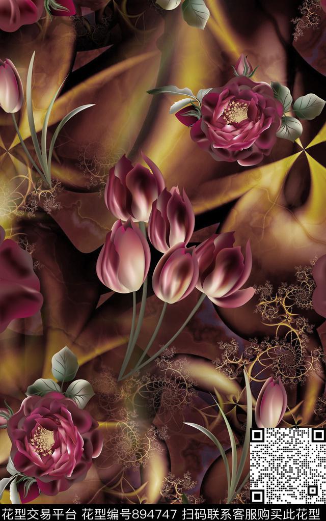 纹理抽象花卉数码印花华亿平台下载（图片编号: 894747） - 瓦栏（Walan）