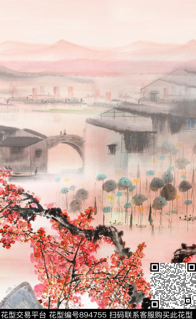 中国风笔触水墨数码印花华亿平台下载（图片编号: 894755） - 瓦栏（Walan）