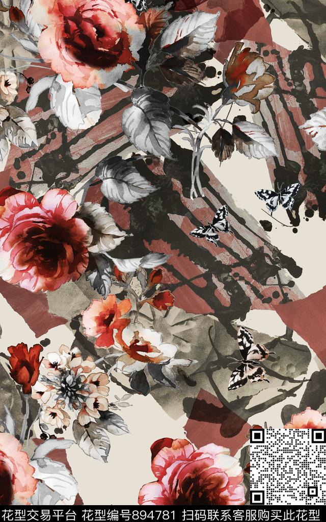 大红复古花卉数码印花华亿平台下载（图片编号: 894781） - 瓦栏（Walan）
