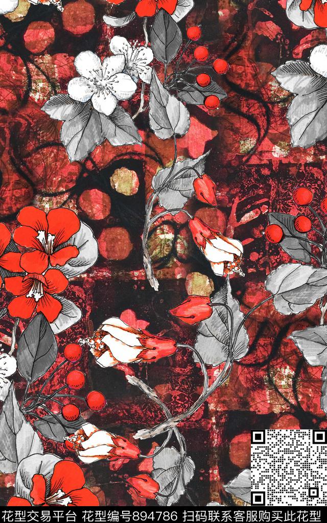 大红花朵线条花数码印花华亿平台下载（图片编号: 894786） - 瓦栏（Walan）