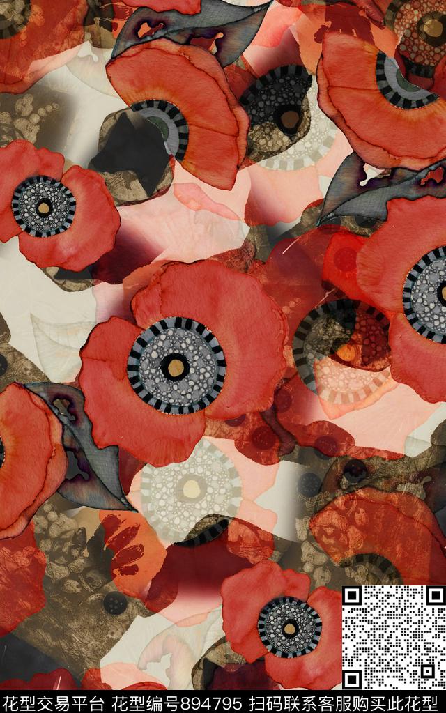 花朵破碎水彩数码印花华亿平台下载（图片编号: 894795） - 瓦栏（Walan）