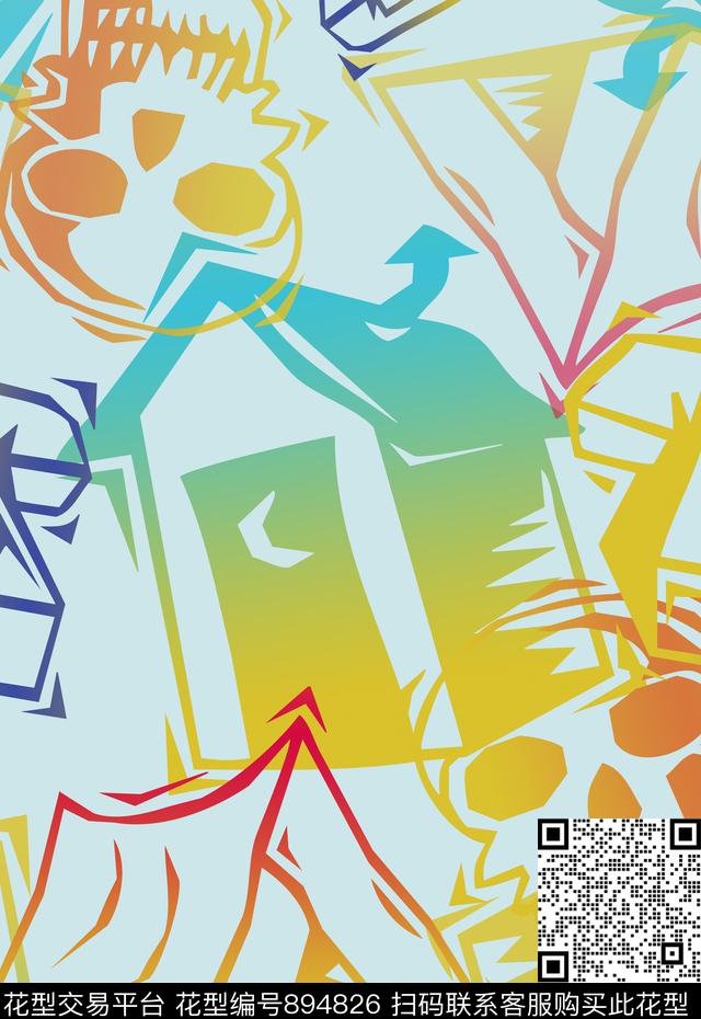手绘涂鸦图案几何图案渐变年轻时尚数码印花华亿平台下载（图片编号: 894826） - 瓦栏（Walan）