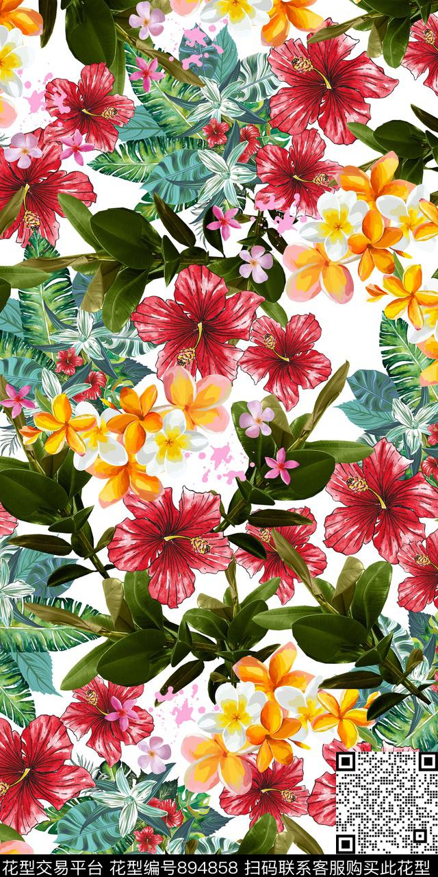 热带天堂鸟花棕榈叶数码印花华亿平台下载（图片编号: 894858） - 瓦栏（Walan）