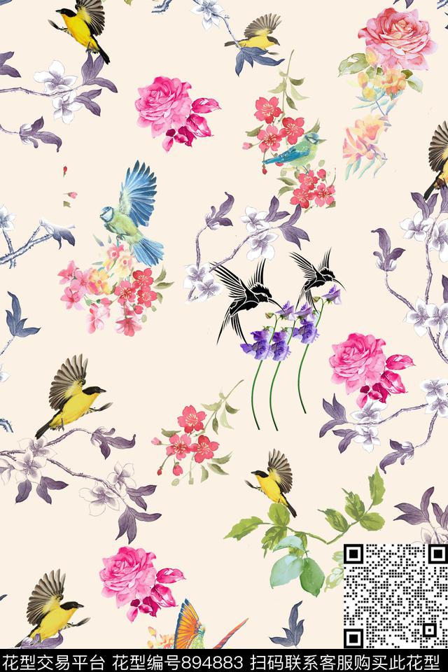 花卉树枝叶子鹦鹉数码印花华亿平台下载（图片编号: 894883） - 瓦栏（Walan）
