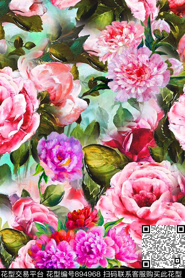 清爽花卉油画花卉超大花卉数码印花华亿平台下载（图片编号: 894968） - 瓦栏（Walan）