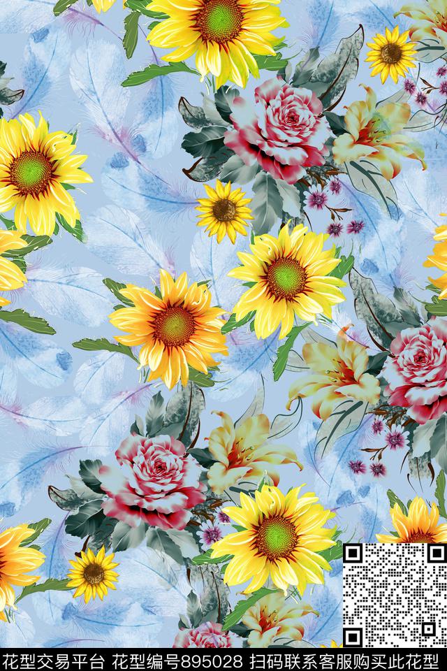 向日葵花朵花卉数码印花华亿平台下载（图片编号: 895028） - 瓦栏（Walan）