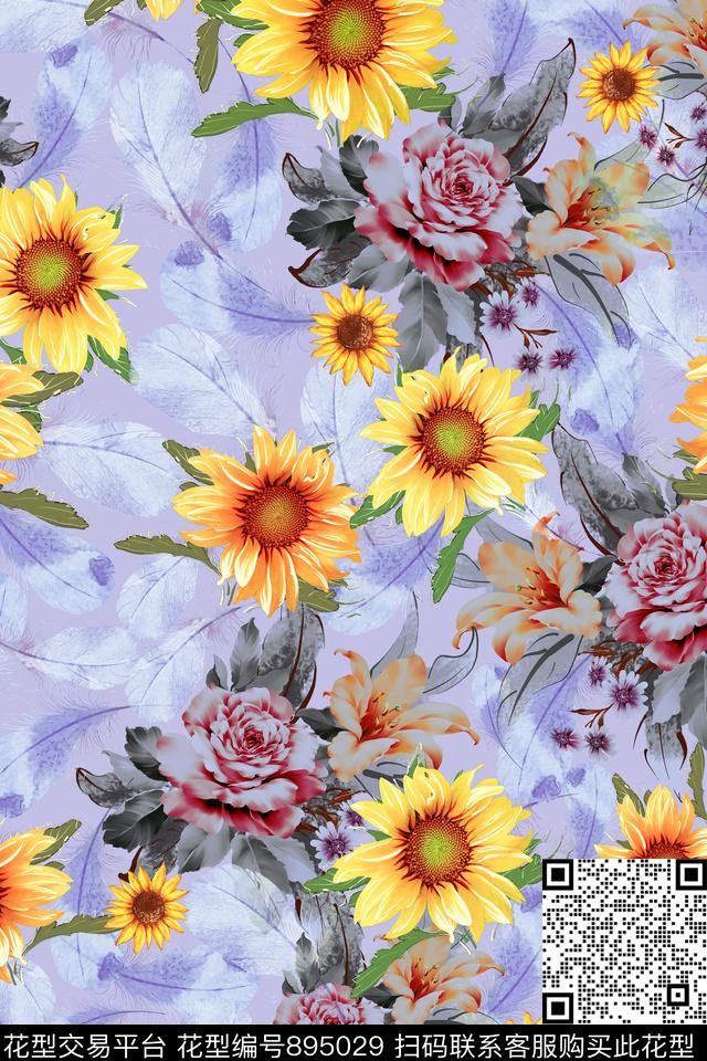 向日葵花朵花卉数码印花华亿平台下载（图片编号: 895029） - 瓦栏（Walan）