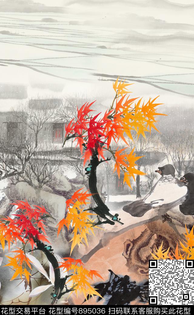 中国风花卉水墨数码印花华亿平台下载（图片编号: 895036） - 瓦栏（Walan）