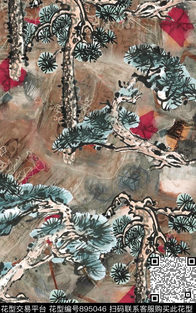 水墨花卉中国风数码印花华亿平台下载（图片编号: 895046） - 瓦栏（Walan）
