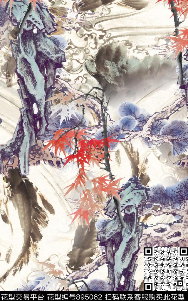 花卉中国风水墨数码印花华亿平台下载（图片编号: 895062） - 瓦栏（Walan）