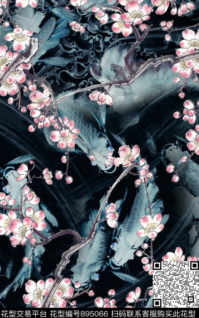 花卉中国风水墨数码印花华亿平台下载（图片编号: 895066） - 瓦栏（Walan）