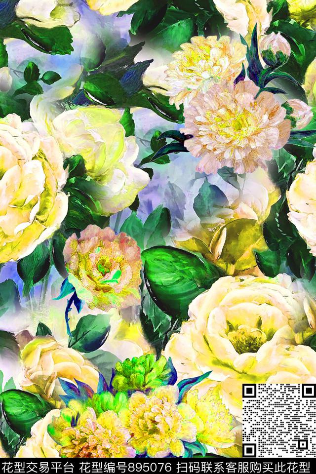 清爽花卉油画花卉超大花卉数码印花华亿平台下载（图片编号: 895076） - 瓦栏（Walan）