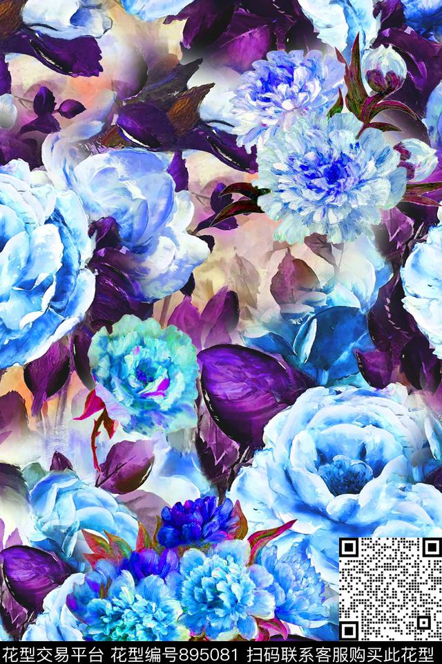 清爽花卉油画花卉超大花卉数码印花华亿平台下载（图片编号: 895081） - 瓦栏（Walan）