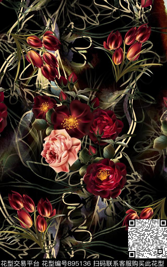 花卉几何抽象数码印花华亿平台下载（图片编号: 895136） - 瓦栏（Walan）