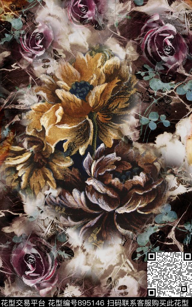 抽象花卉纹理数码印花华亿平台下载（图片编号: 895146） - 瓦栏（Walan）