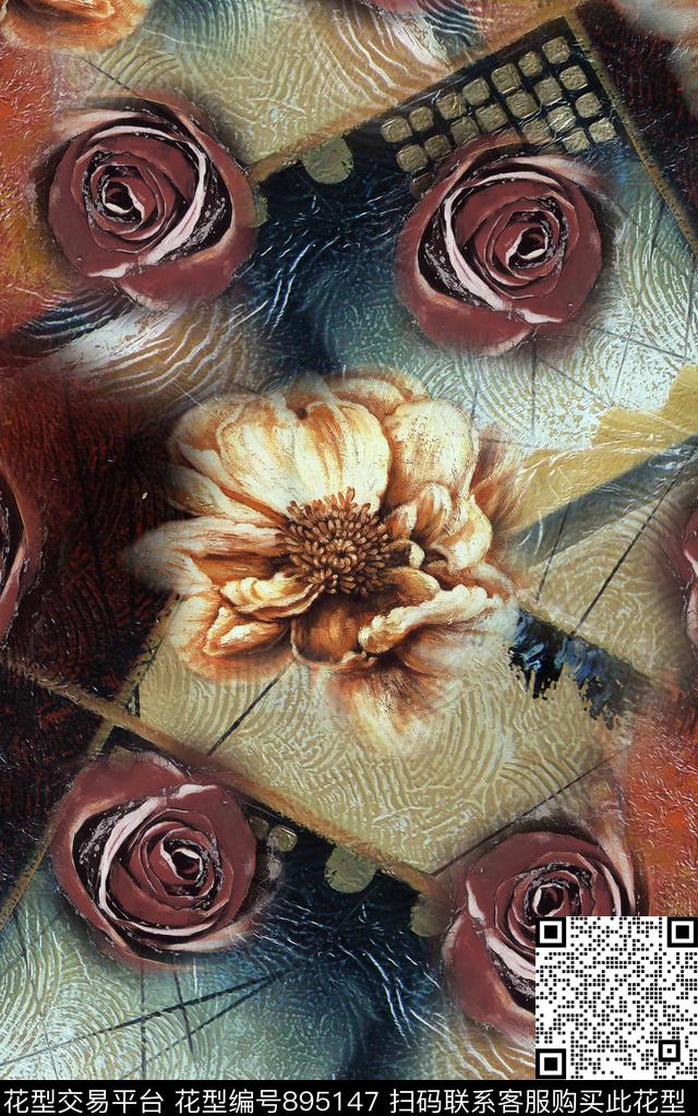 抽象花卉纹理数码印花华亿平台下载（图片编号: 895147） - 瓦栏（Walan）
