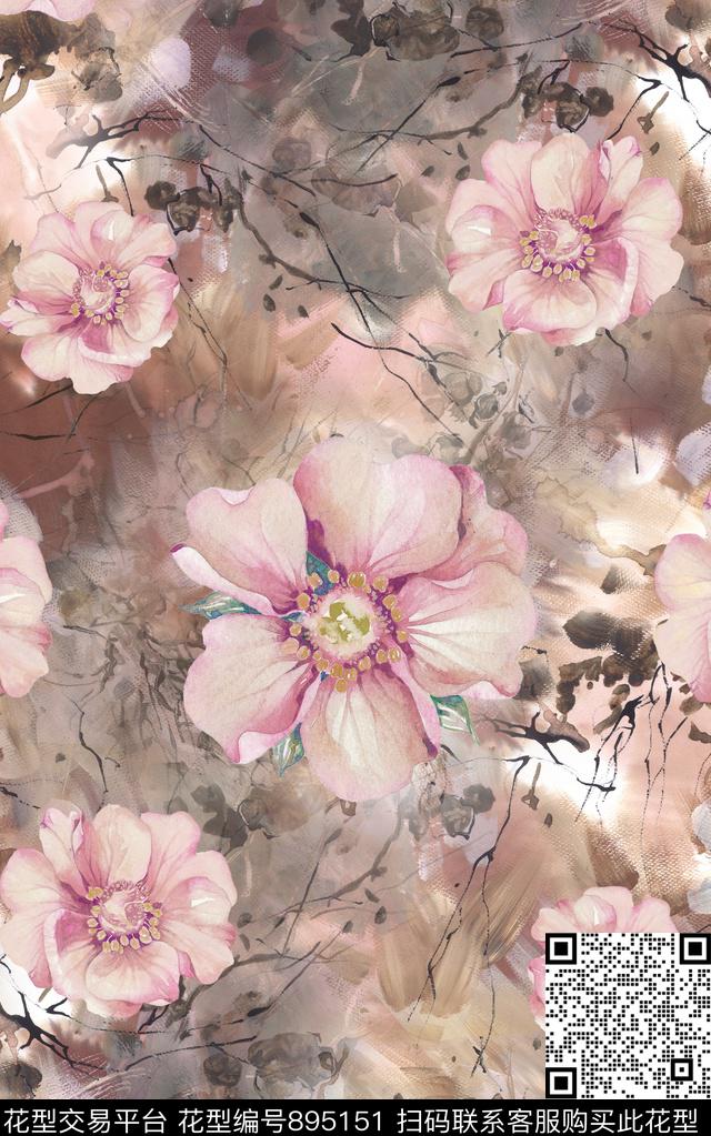 花卉抽象纹理数码印花华亿平台下载（图片编号: 895151） - 瓦栏（Walan）