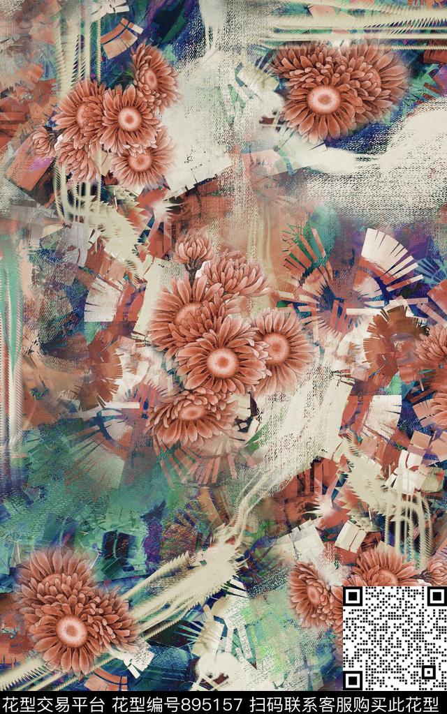 抽象纹理花卉数码印花华亿平台下载（图片编号: 895157） - 瓦栏（Walan）