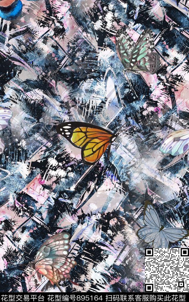 纹理抽象蝴蝶数码印花华亿平台下载（图片编号: 895164） - 瓦栏（Walan）