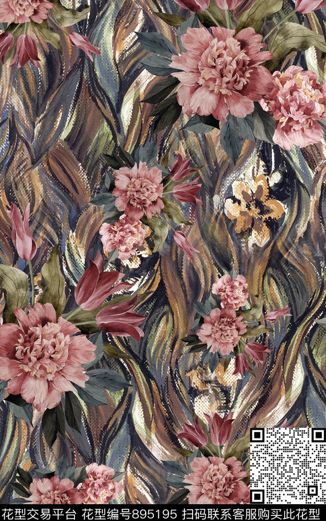 花朵纹理抽象数码印花华亿平台下载（图片编号: 895195） - 瓦栏（Walan）