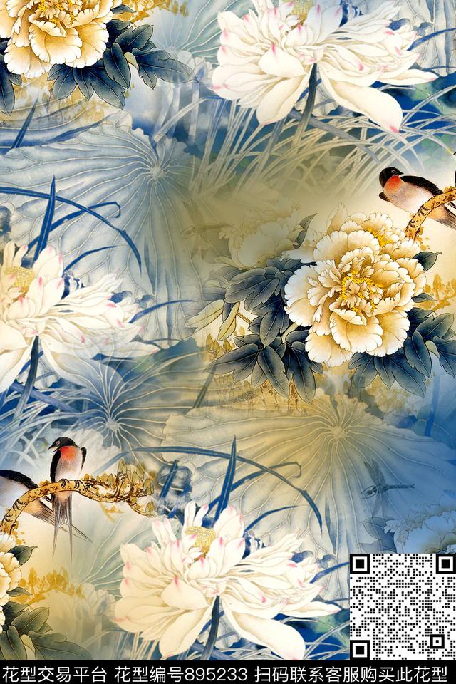 中国风花鸟拼接数码印花华亿平台下载（图片编号: 895233） - 瓦栏（Walan）