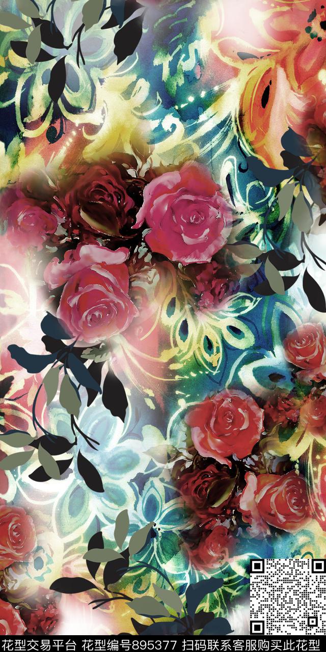 纹理花卉抽象纹理数码印花华亿平台下载（图片编号: 895377） - 瓦栏（Walan）