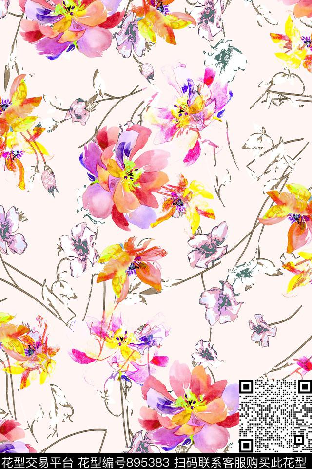 水彩手绘花清新数码印花华亿平台下载（图片编号: 895383） - 瓦栏（Walan）