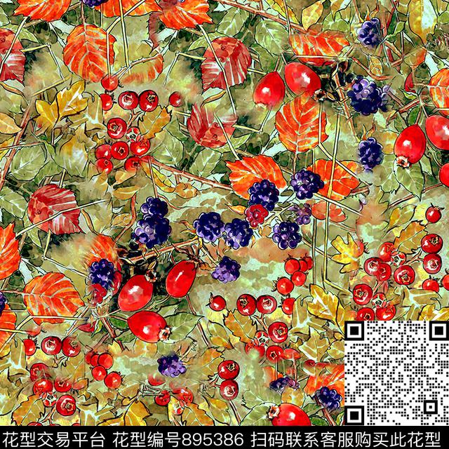 艺术彩色花卉红果子数码印花华亿平台下载（图片编号: 895386） - 瓦栏（Walan）
