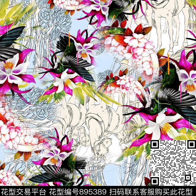 手绘马蜂鸟数码印花华亿平台下载（图片编号: 895389） - 瓦栏（Walan）