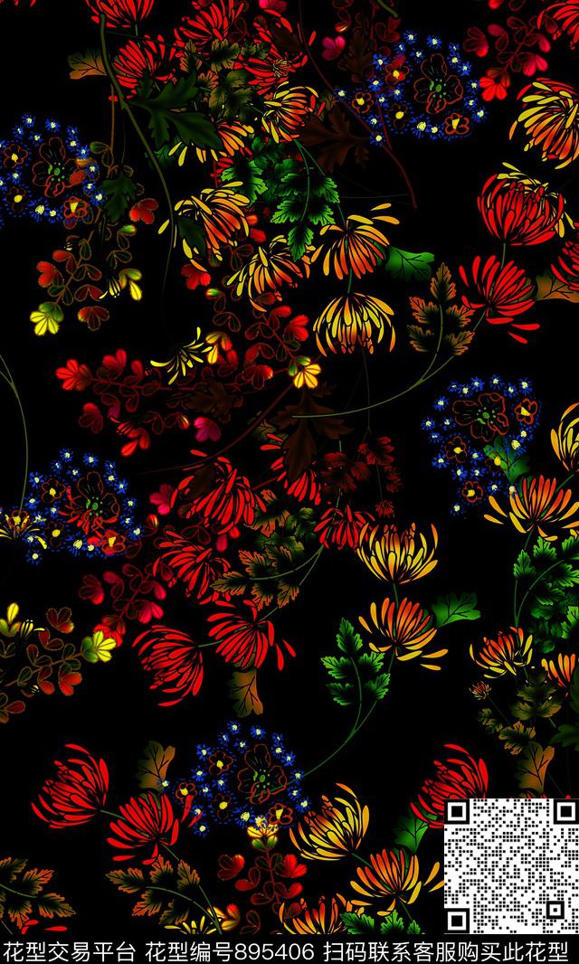 暗黑花卉、油画花卉、抽象花卉星空抽象花卉碎花数码印花华亿平台下载（图片编号: 895406） - 瓦栏（Walan）