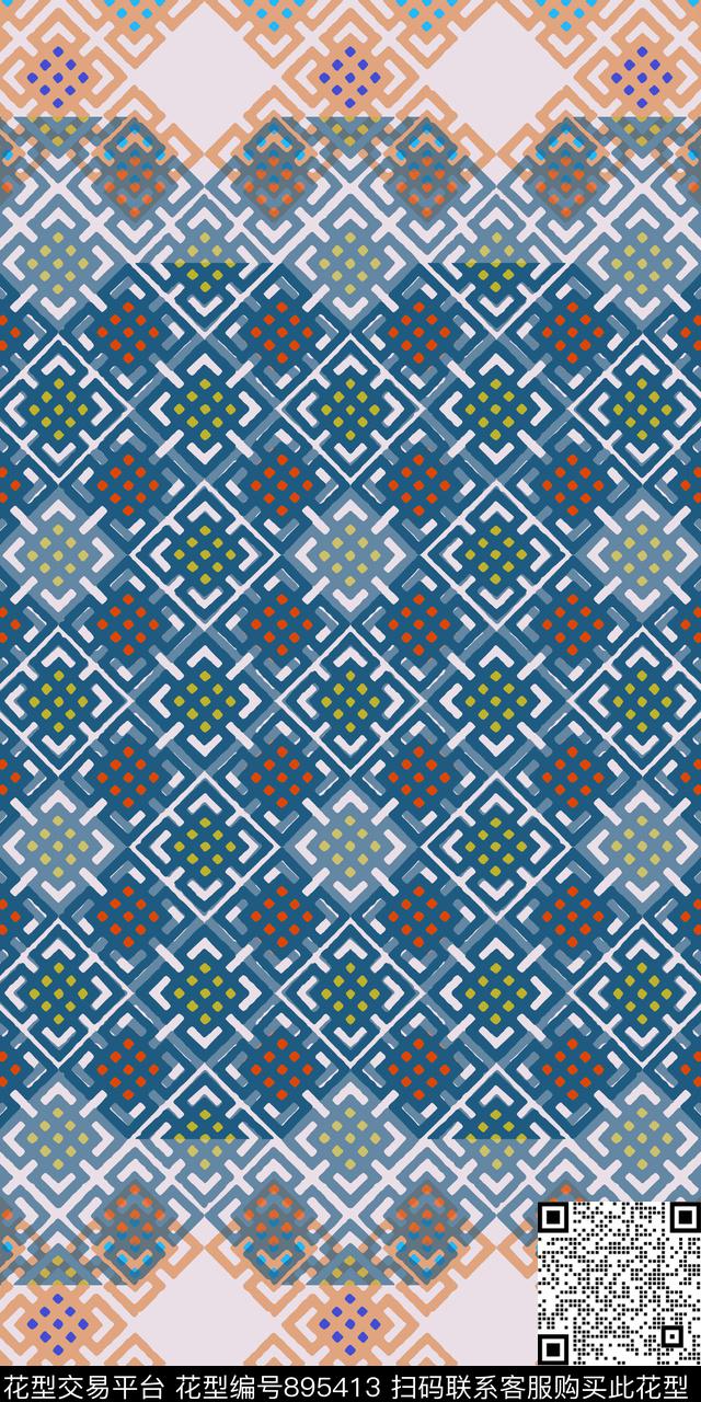 丝巾围巾秀场民族风图案方块花边传统印花华亿平台下载（图片编号: 895413） - 瓦栏（Walan）