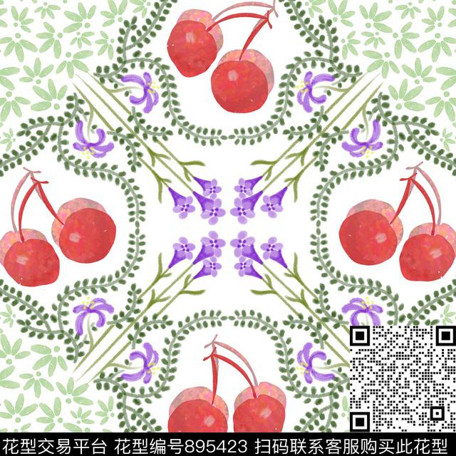 樱桃花卉手绘数码印花华亿平台下载（图片编号: 895423） - 瓦栏（Walan）