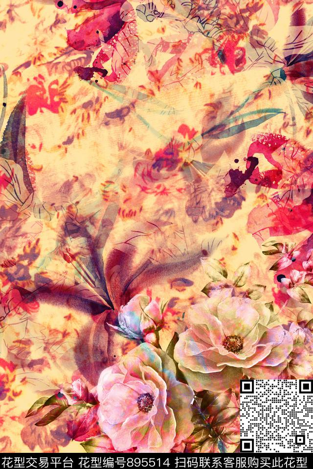 大花花朵花卉数码印花华亿平台下载（图片编号: 895514） - 瓦栏（Walan）