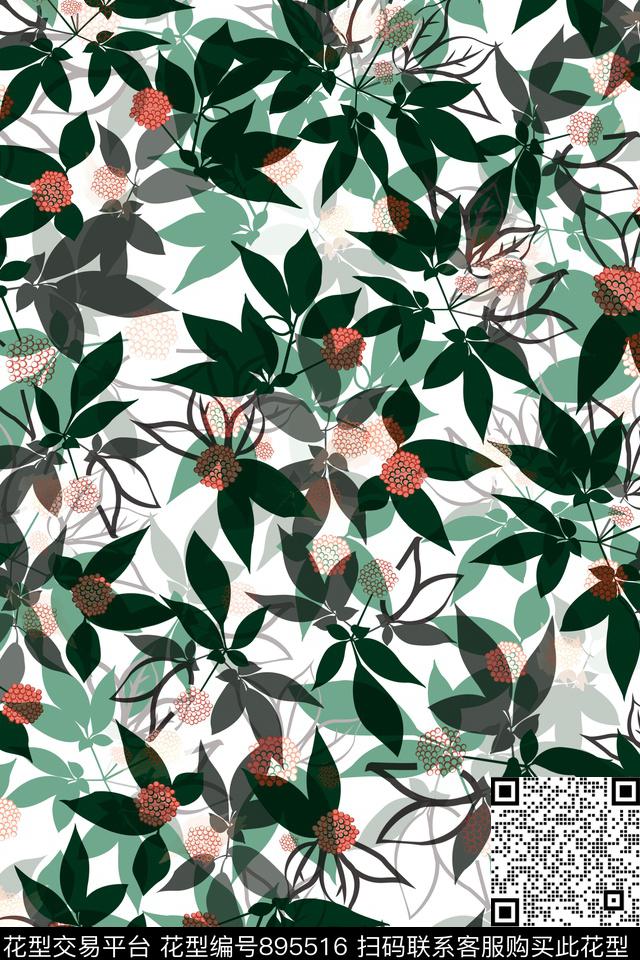 清新抽象密集花卉植物叶子数码印花华亿平台下载（图片编号: 895516） - 瓦栏（Walan）