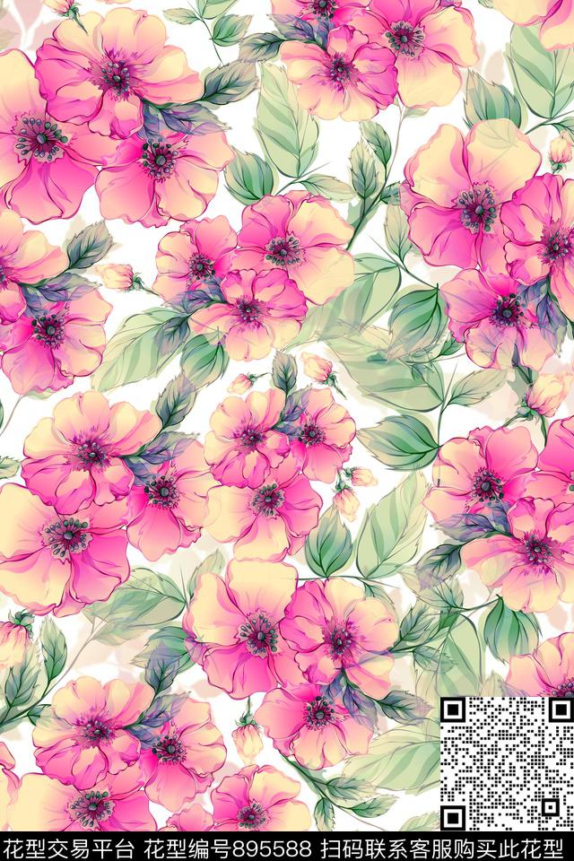 大花花朵花卉数码印花华亿平台下载（图片编号: 895588） - 瓦栏（Walan）