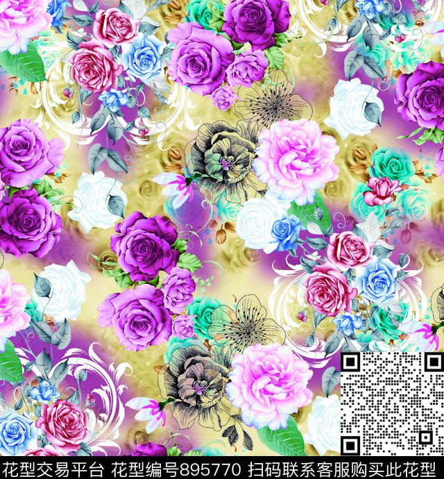 玫瑰牡丹大花数码印花华亿平台下载（图片编号: 895770） - 瓦栏（Walan）