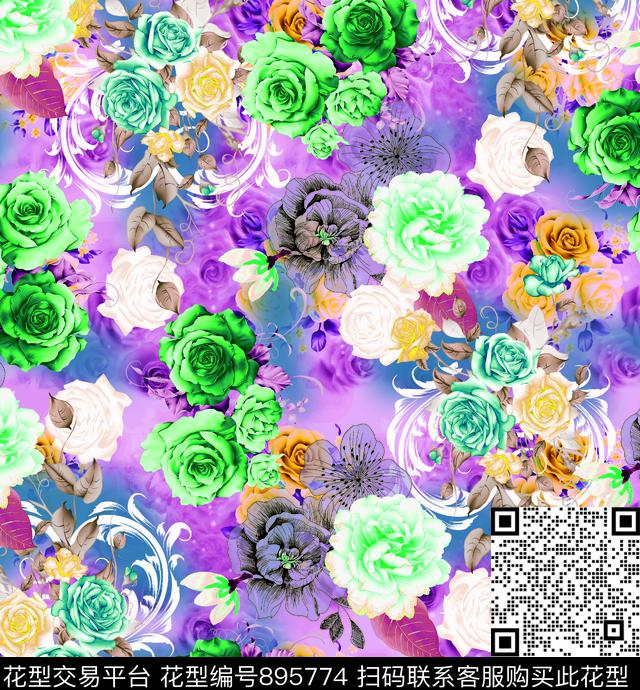 玫瑰牡丹大花数码印花华亿平台下载（图片编号: 895774） - 瓦栏（Walan）