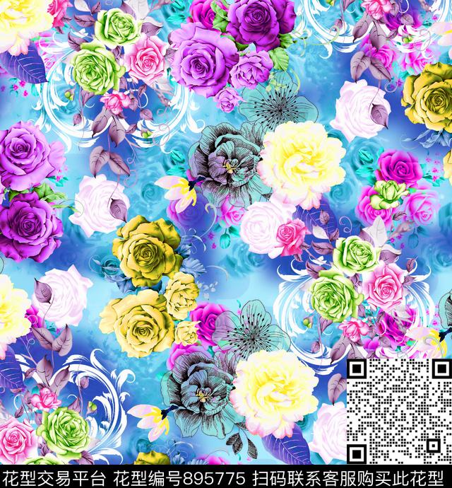 玫瑰牡丹大花数码印花华亿平台下载（图片编号: 895775） - 瓦栏（Walan）