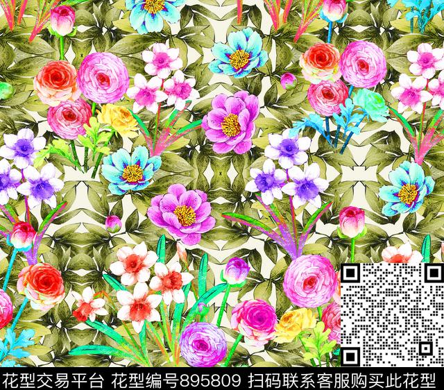 牡丹大花花卉数码印花华亿平台下载（图片编号: 895809） - 瓦栏（Walan）