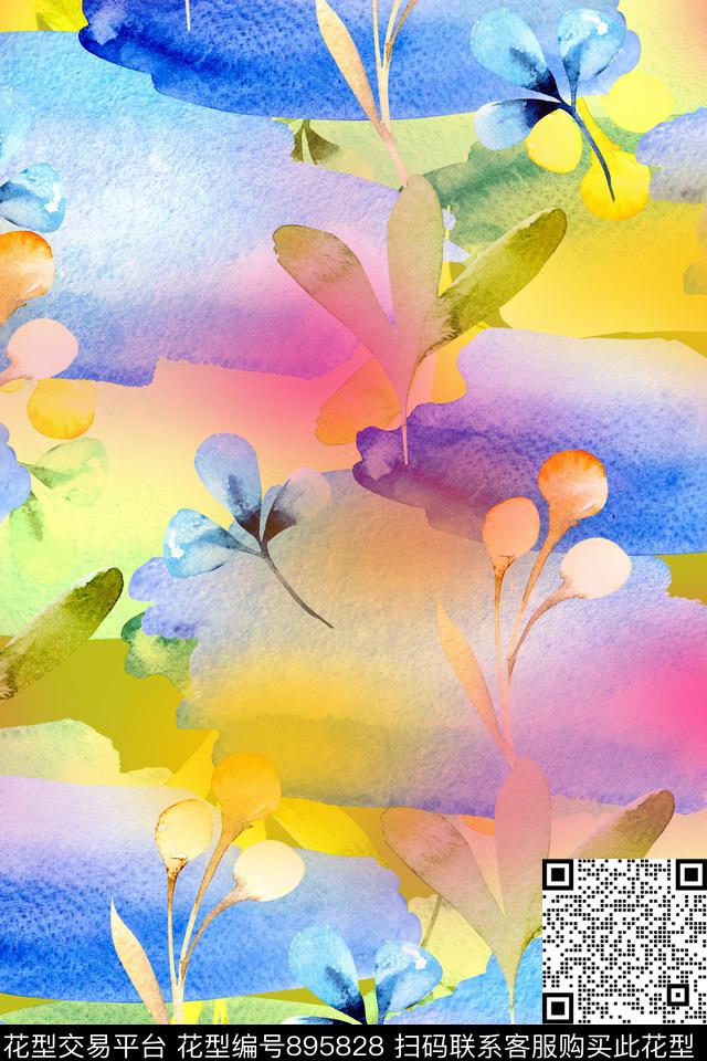 时尚手绘水彩数码印花华亿平台下载（图片编号: 895828） - 瓦栏（Walan）
