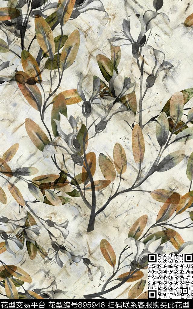叶子肌理水彩数码印花华亿平台下载（图片编号: 895946） - 瓦栏（Walan）