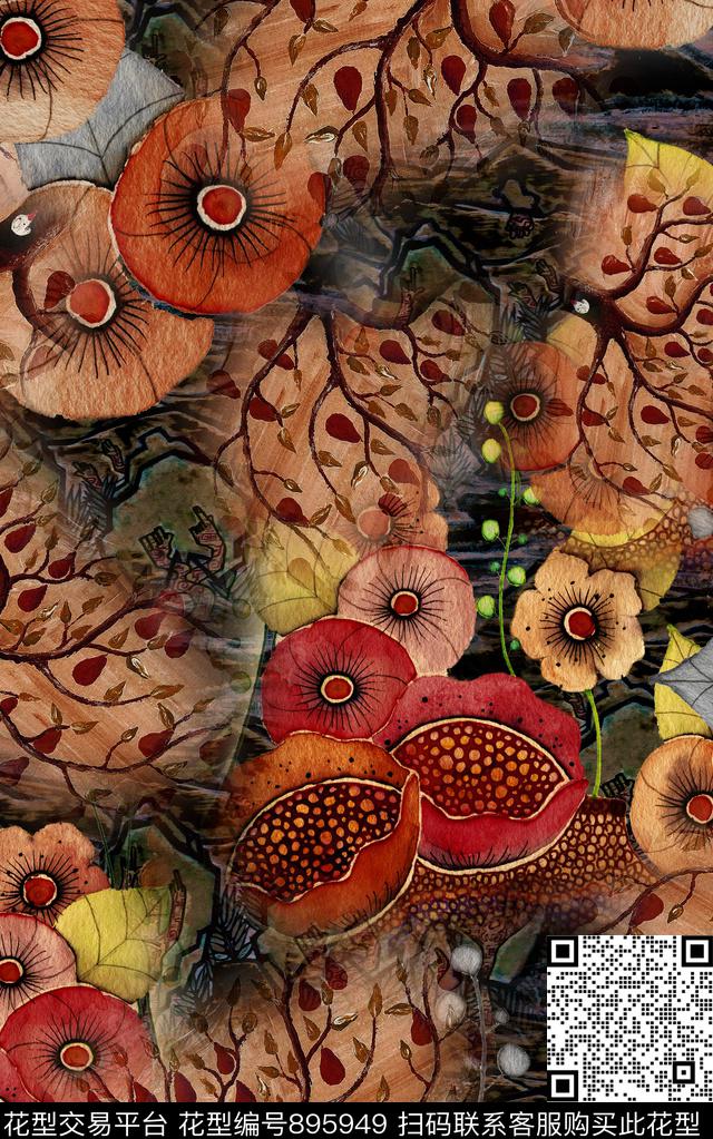 花朵民族风中国风数码印花华亿平台下载（图片编号: 895949） - 瓦栏（Walan）