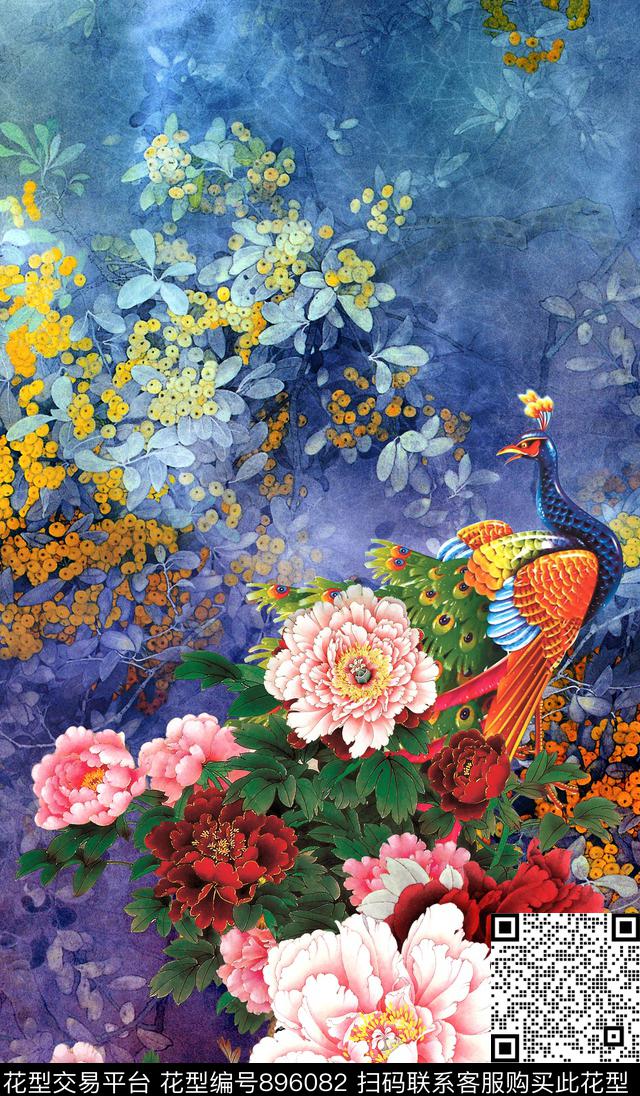 牡丹定位孔雀数码印花华亿平台下载（图片编号: 896082） - 瓦栏（Walan）