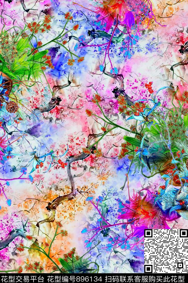 花卉水彩花卉中国风数码印花华亿平台下载（图片编号: 896134） - 瓦栏（Walan）