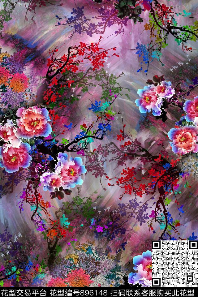 花卉牡丹中国风数码印花华亿平台下载（图片编号: 896148） - 瓦栏（Walan）