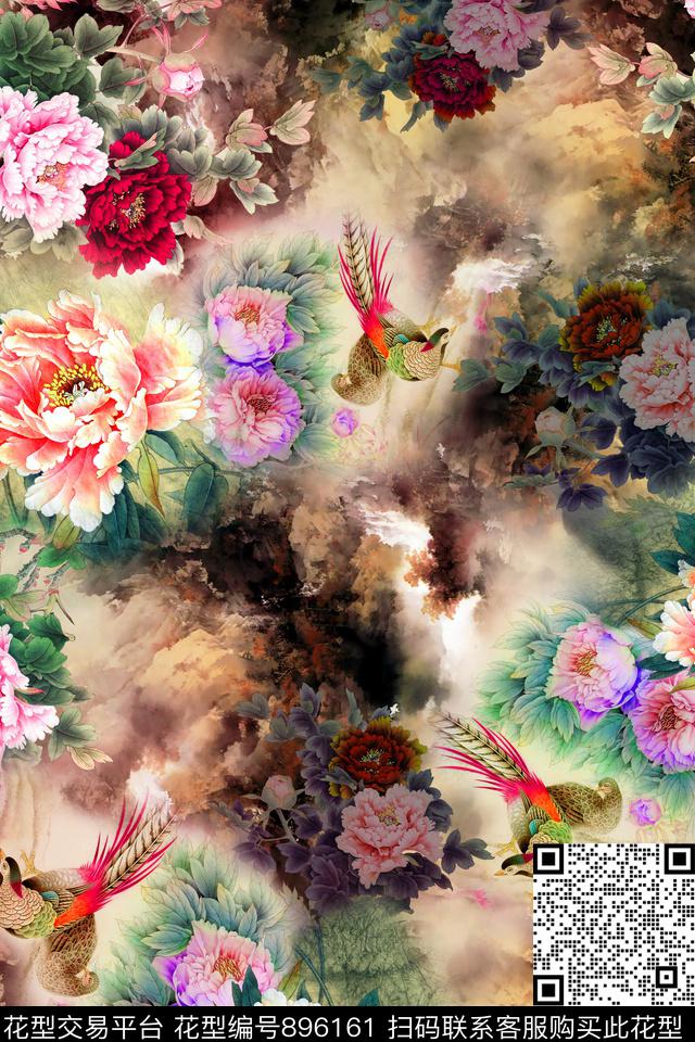 花卉牡丹中国风数码印花华亿平台下载（图片编号: 896161） - 瓦栏（Walan）