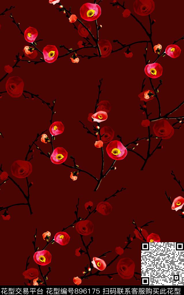 复古连衣裙梅花数码印花华亿平台下载（图片编号: 896175） - 瓦栏（Walan）