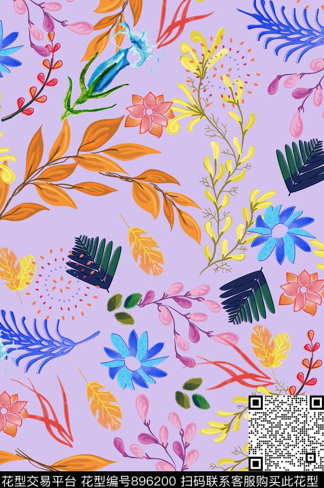 满版散花水彩花卉热带华亿平台传统印花华亿平台下载（图片编号: 896200） - 瓦栏（Walan）