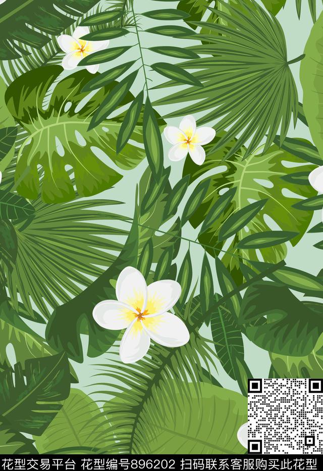 热带棕榈树白花传统印花华亿平台下载（图片编号: 896202） - 瓦栏（Walan）