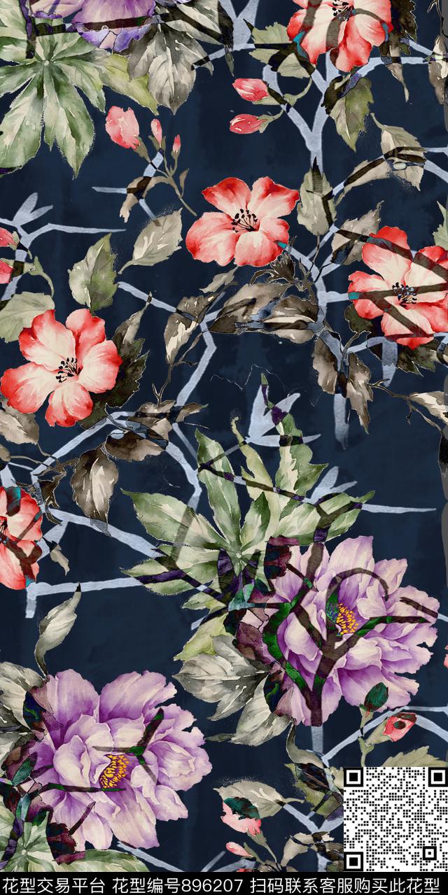 花卉趣味几何数码印花华亿平台下载（图片编号: 896207） - 瓦栏（Walan）